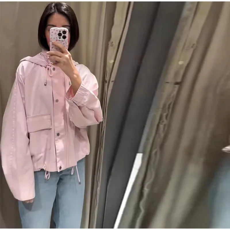 Veste légère à capuche pour femme rose poudré avec poches et cordons de serrage