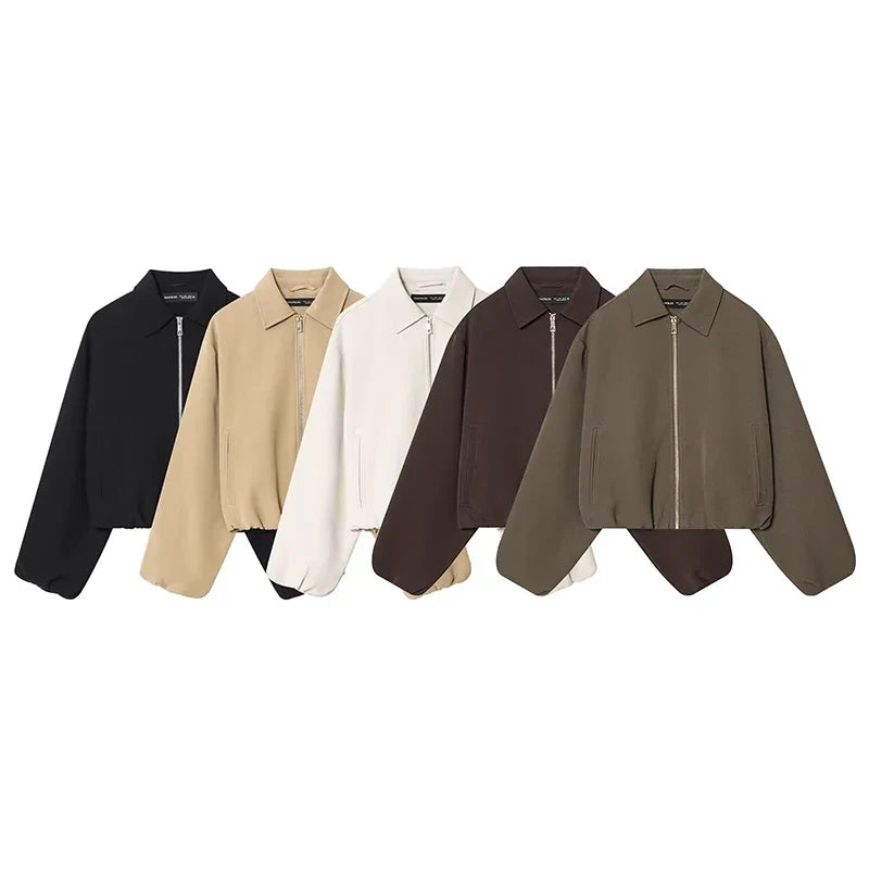 Blouson court femme décontracté à col chemise et manches amples