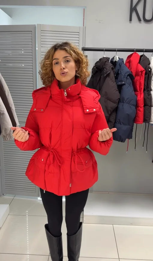 Doudoune courte à capuche femme avec ceinture ajustable