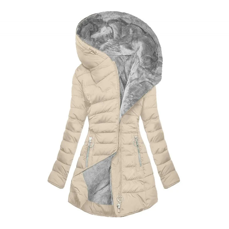 Women's long quilted puffer jacket with faux-fur-lined hood and decorative zippers