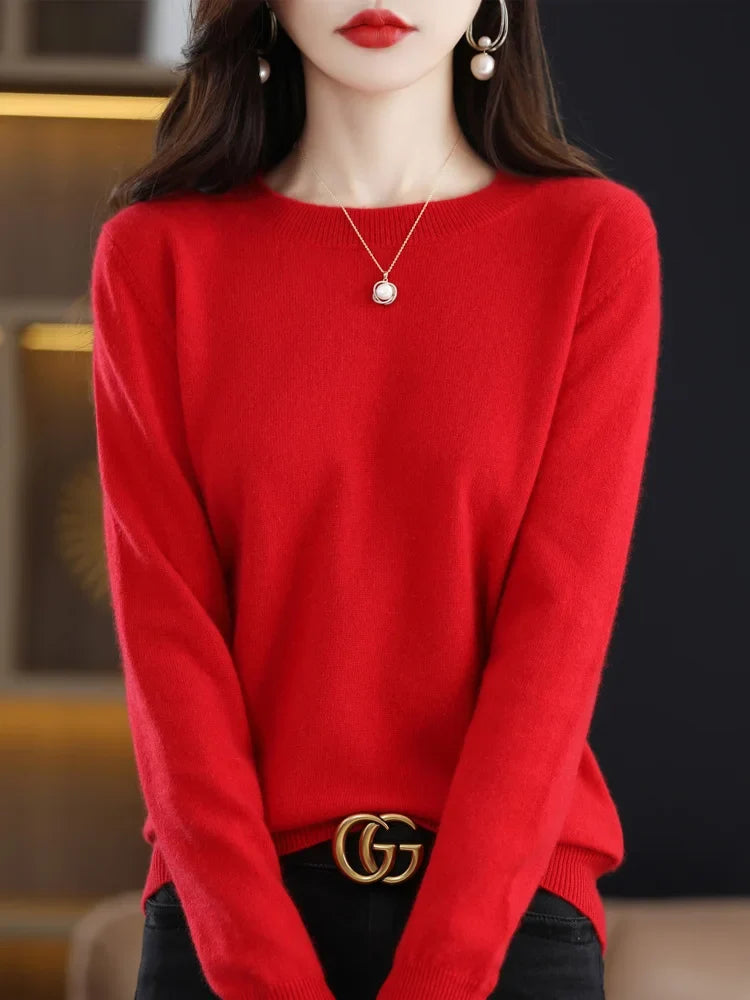 Pull col rond basique femme manches longues uni
