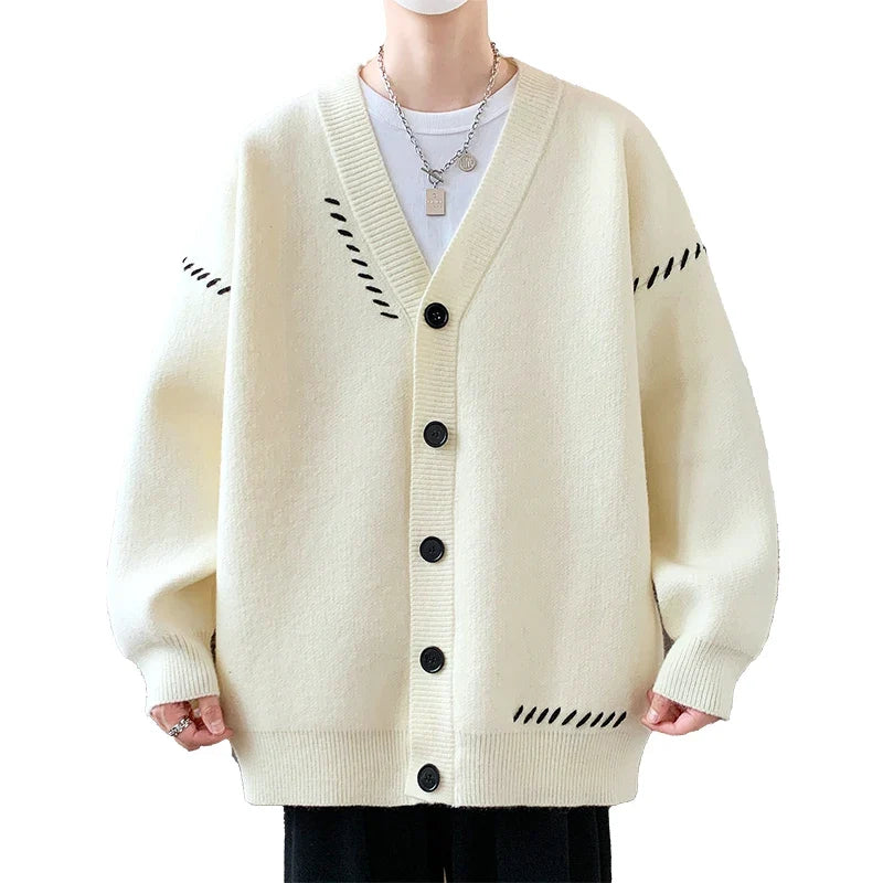 Cardigan informal de punto para hombre, verde oscuro, con cuello de pico, botones y motivos de punto