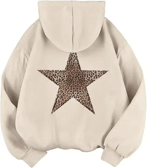 Sudadera holgada de mujer con capucha y motivo de estrella de leopardo en la espalda, varios colores disponibles