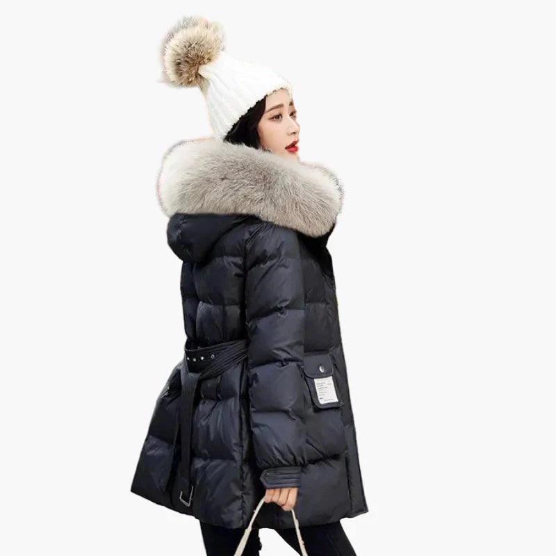 Cappotto piumino donna con cappuccio e collo in pelliccia stile urbano inverno caldo