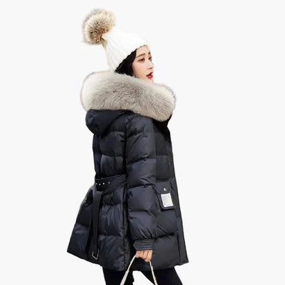 Cappotto piumino donna con cappuccio e collo in pelliccia stile urbano inverno caldo