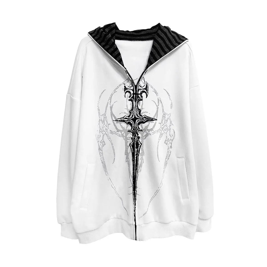Felpa oversize nera con cappuccio, zip e stampa gotica