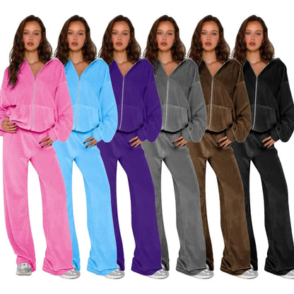 Ensemble Décontracté Style Coréen Femme – Veste à Capuche Zippée et Pantalon Large