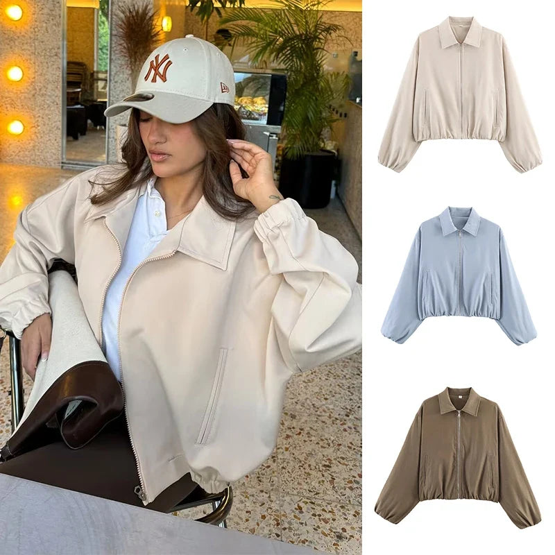 Women's Plain Short Women's Jacket with Zipper and Classic Collar