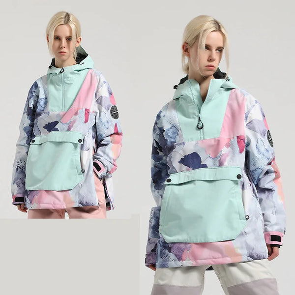 Giacca da sci anorak da donna con cappuccio, impermeabile, antivento con ampia tasca anteriore