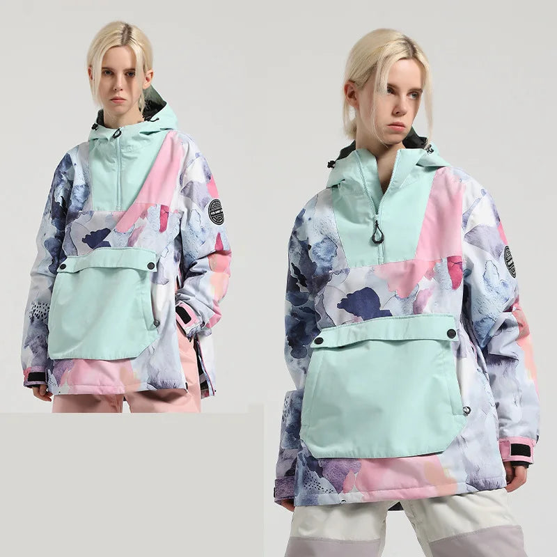 Damen-Anorak-Skijacke mit Kapuze, wasserdicht und winddicht, mit großer Fronttasche