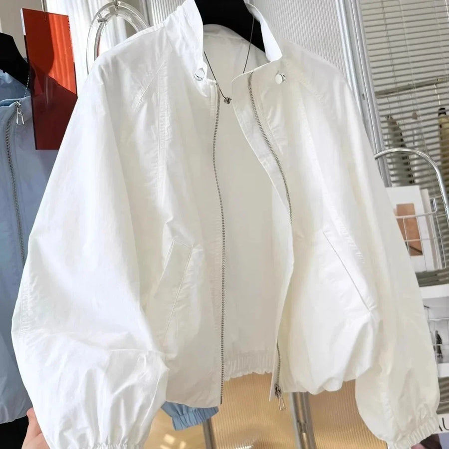 Chaqueta cortavientos ligera para mujer, cuello alto y cierre de cremallera, azul claro o blanca