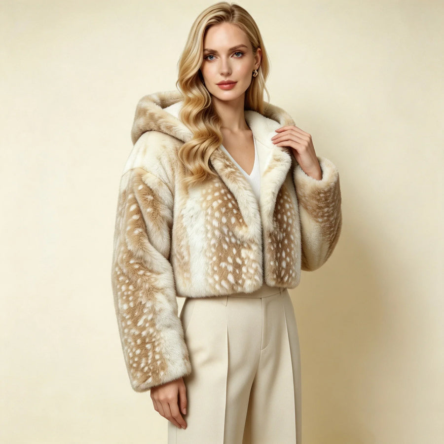 Kort damjacka med huva i mjukt material med beige mockaimitationstryck