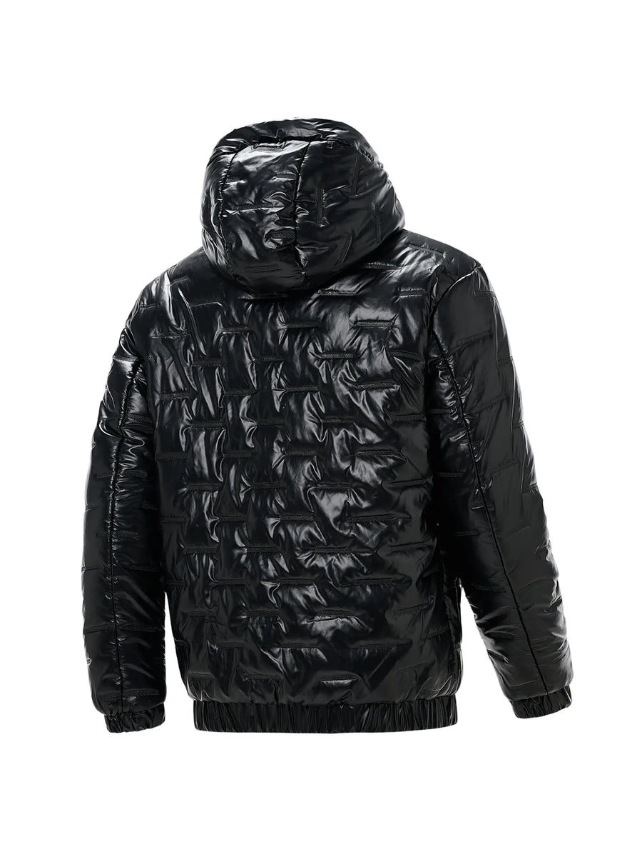 Men's shiny black quilted hooded puffer jacket with zip closure