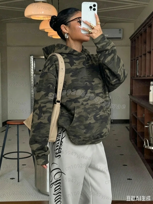 Sweat à Capuche Femme Camouflage Kaki Poche Kangourou