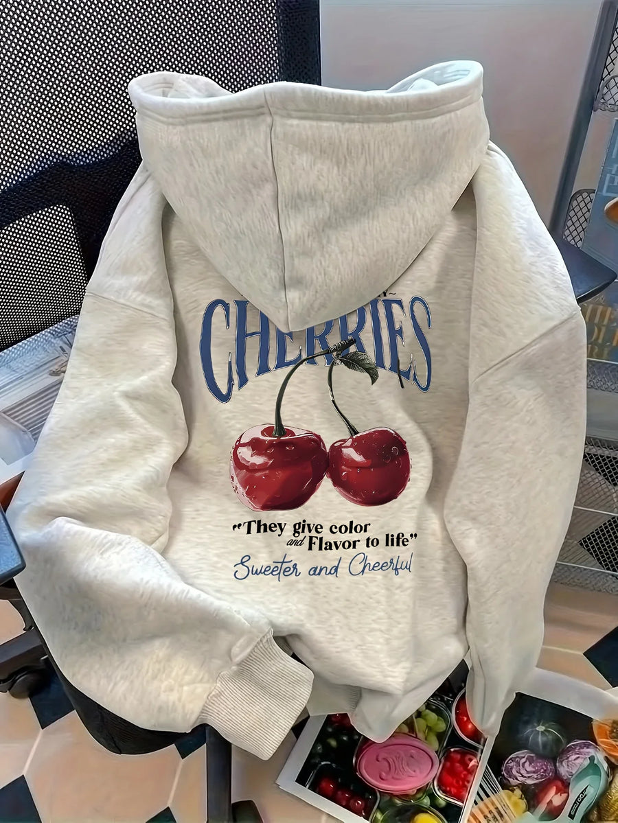 Damska bluza z kapturem „Cherries” z nadrukiem wiśni i tekstu, melanżowa szara