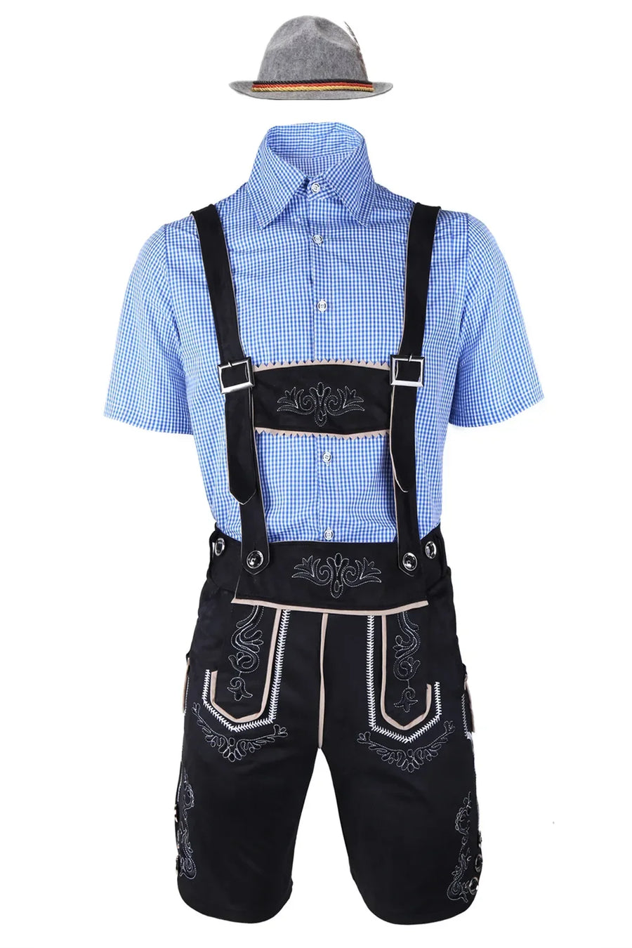 Costume da festa bavarese da uomo, camicia a quadri e pantaloncini Lederhosen