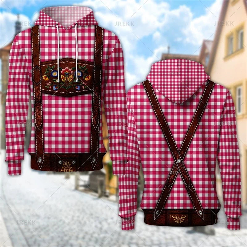 Unisex hættetrøje med print af seler og bayersk eller ternet mønster