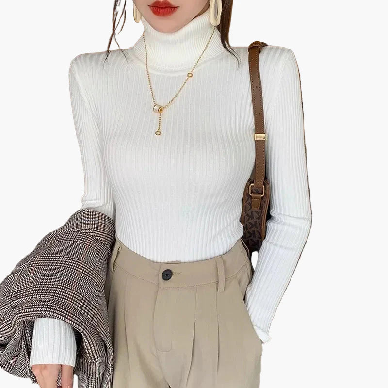 Prążkowany sweter damski z golfem i długimi rękawami - elegancki i uniwersalny styl