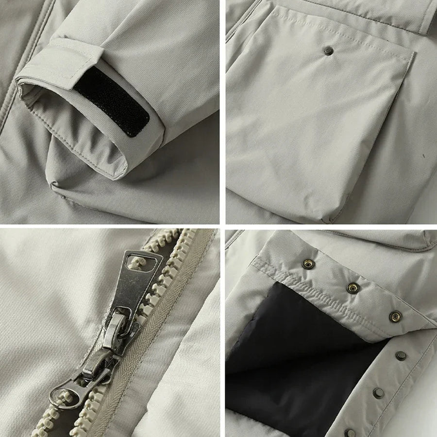 Men's long hooded padded coat - Beige, flap pockets