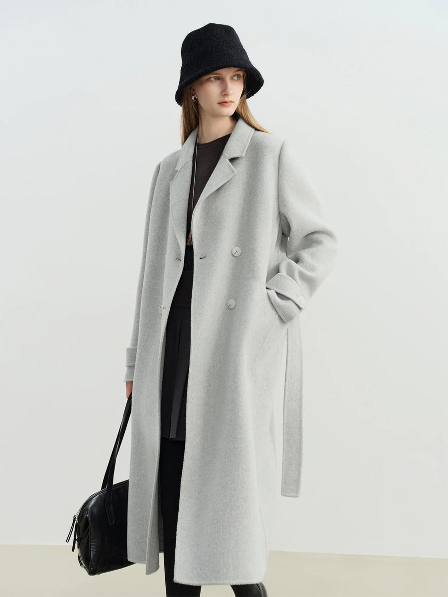 Manteau long femme croisé en tissu doux avec col à revers