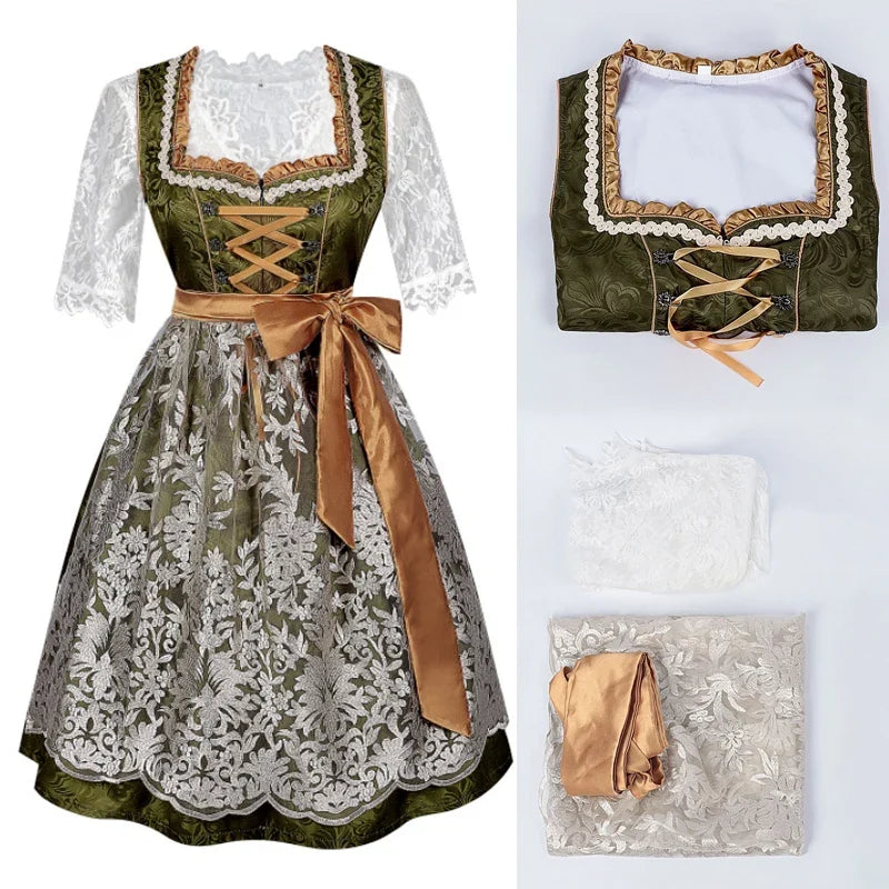 Traditionel dirndl-kjole til kvinder i olivengrøn og cremefarvet blonde med brunt forklæde