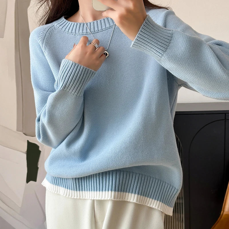 Pull femme col rond manches longues couleur unie ourlet contrastant tricot doux