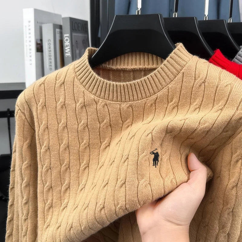 Pullover da uomo girocollo in maglia a trecce, bianco sporco