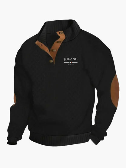 Sweat-shirt homme style vintage Milano Italia avec col boutonné et coudières – Mode décontractée élégante
