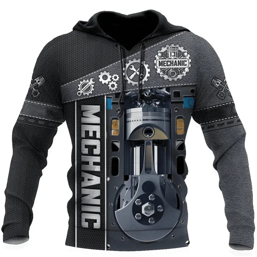 Sweat à Capuche Homme Imprimé Mécanicien Moteur Engrenages Outils