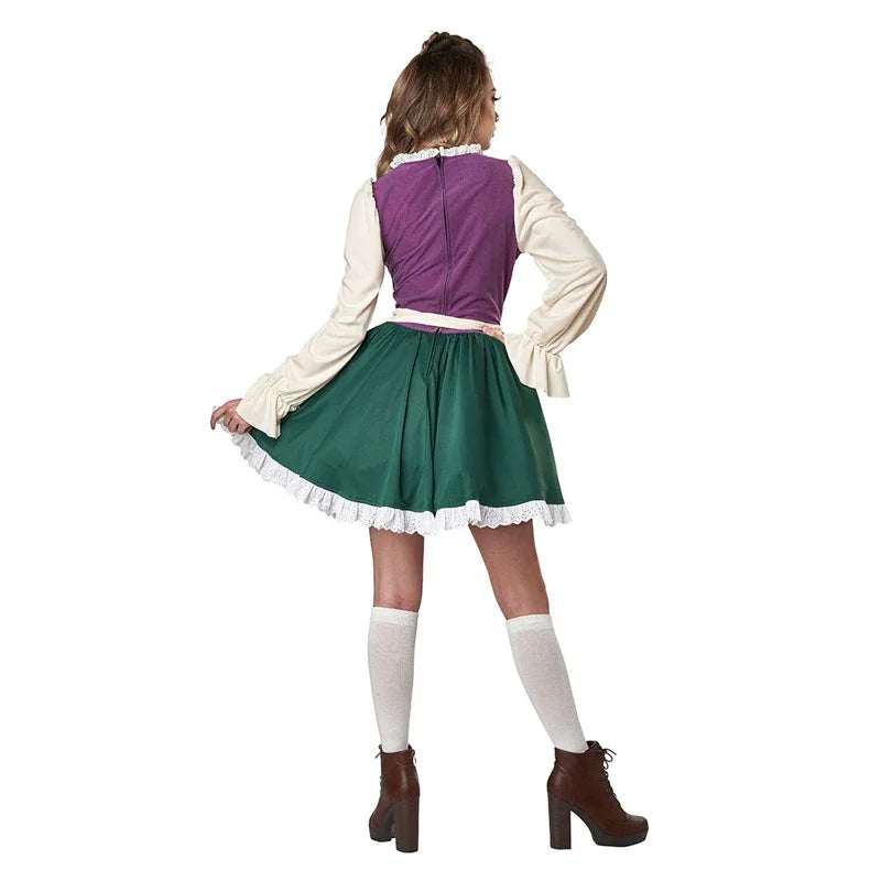 Tradycyjna damska sukienka dirndl w kolorze zielono-fioletowym z bluzką i rozkloszowaną spódnicą