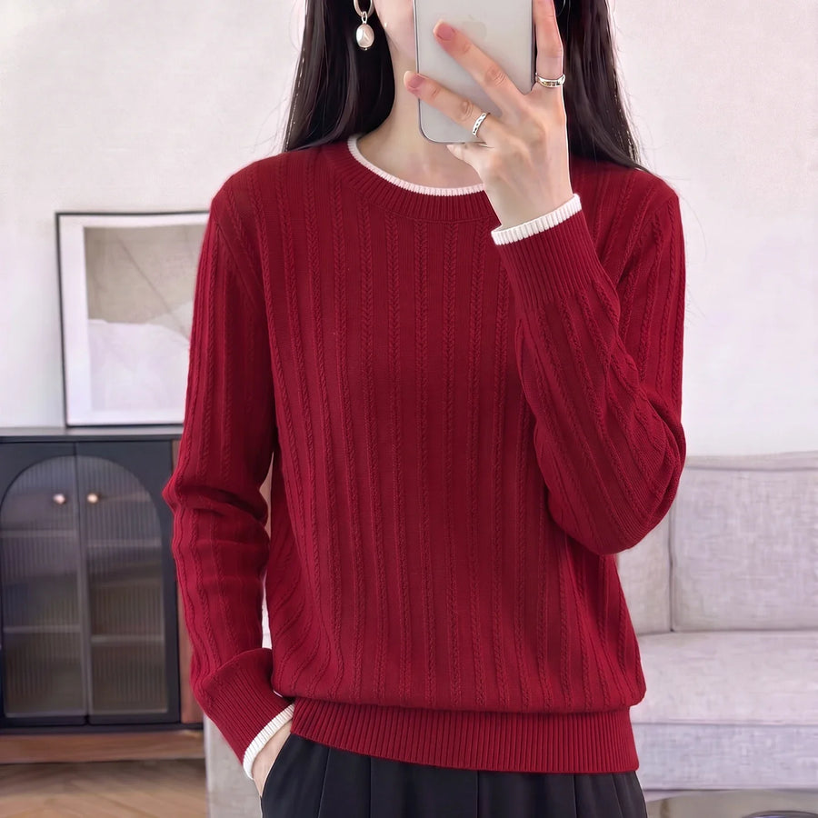 Pull en maille côtelée pour femme, col rond, manches longues, finitions contrastées
