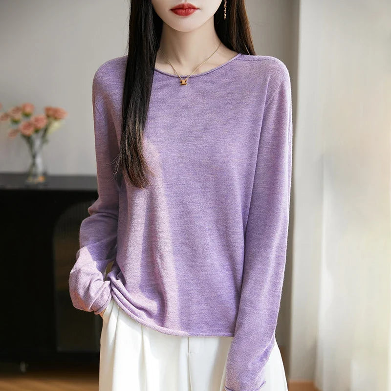 Suéter fino informal de mujer, de manga larga, cuello redondo y color liso