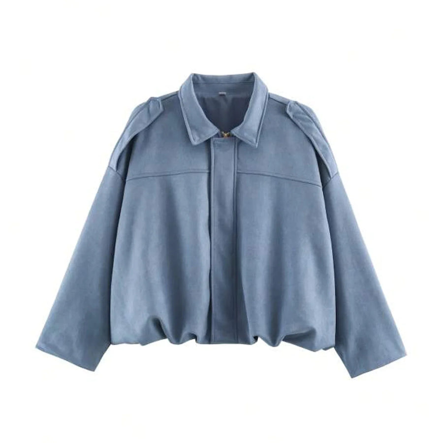Cazadora corta de aviador de mujer de color liso, con cuello de solapa y mangas amplias