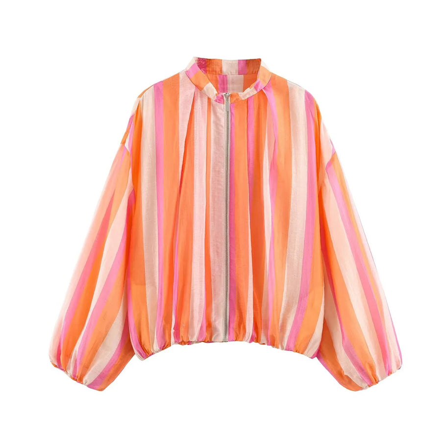 Women's lightweight zip-up jacket with stand collar, puff sleeves, assorted colors