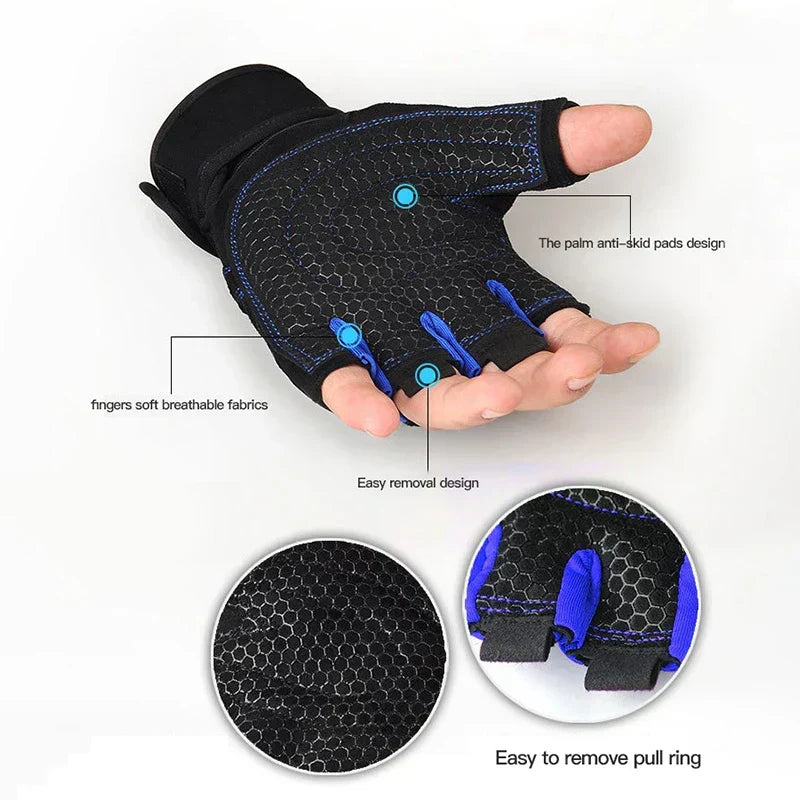 Fingerlose Fitnesshandschuhe mit Handgelenkstütze in Schwarz und Blau
