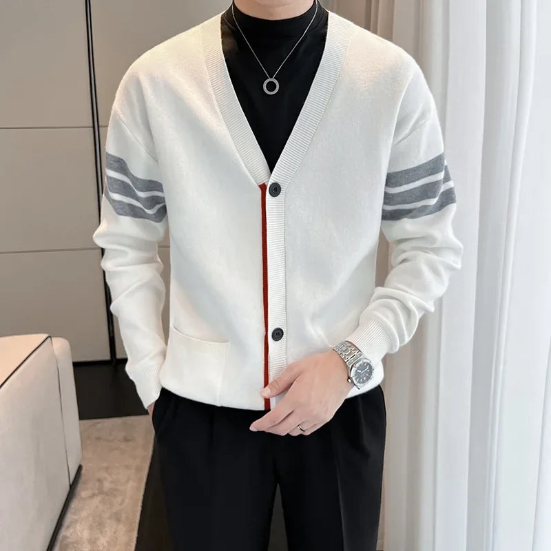 Men's button-up V-neck cardigan with sleeve stripes and tricolor details
