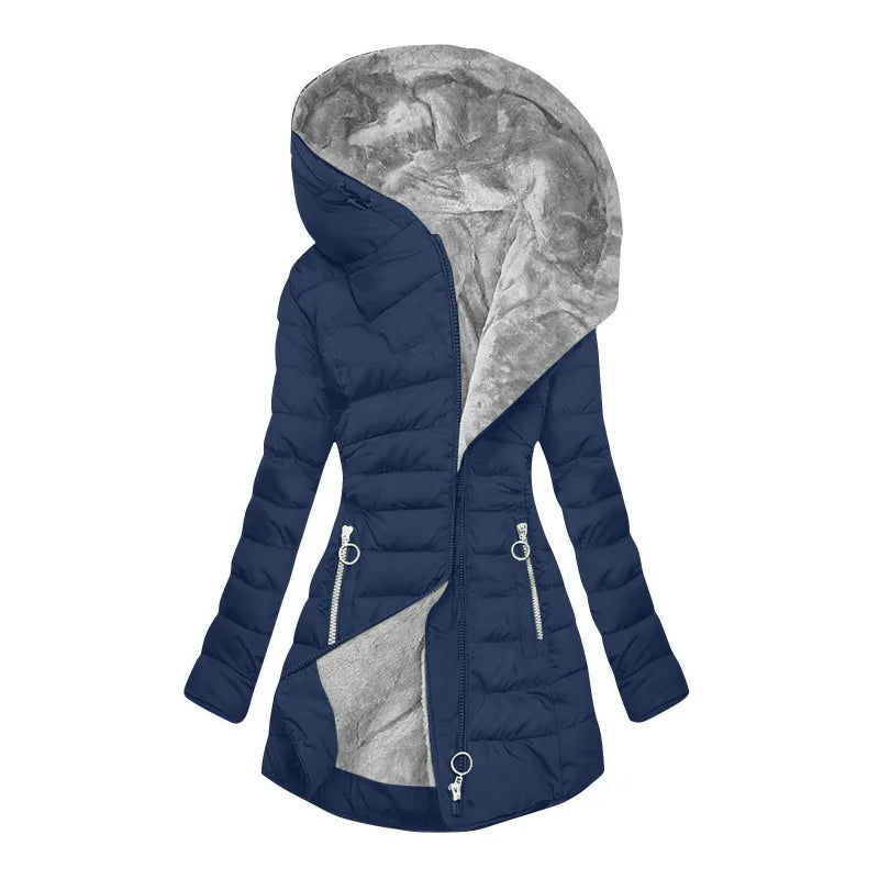 Women's long quilted puffer jacket with faux-fur-lined hood and decorative zippers