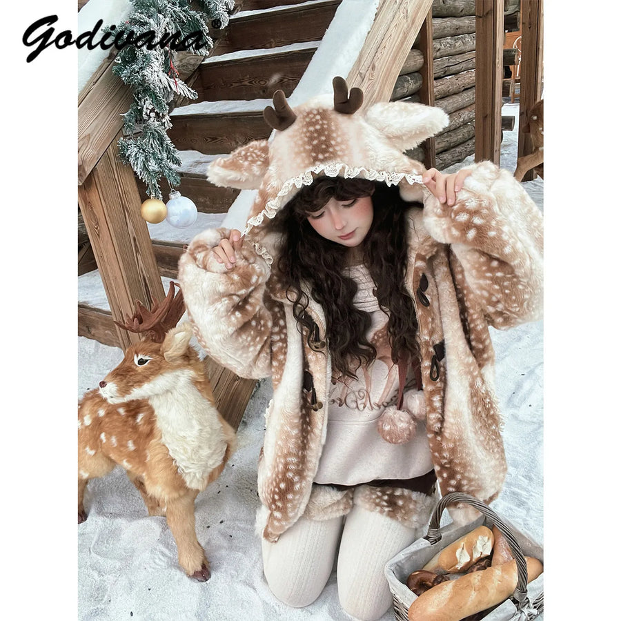 Women's Beige and White Deer-Print Faux Fur Hooded Coat