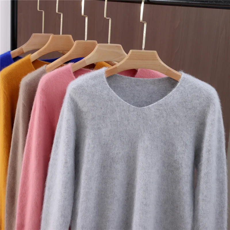 Maglione donna confortevole a collo a V, con maniche lunghe, in materiale morbido