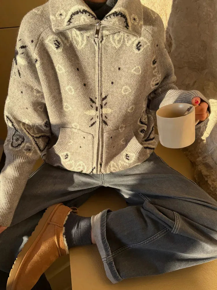 Women's Bandana-Print Zip-Up Jacket with a Stand Collar