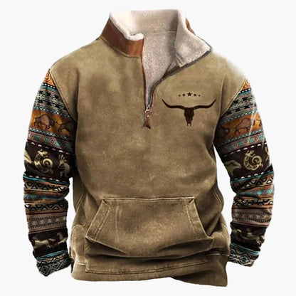 Sweat-shirt polaire homme style western à col zippé – Motifs ethniques et bisons