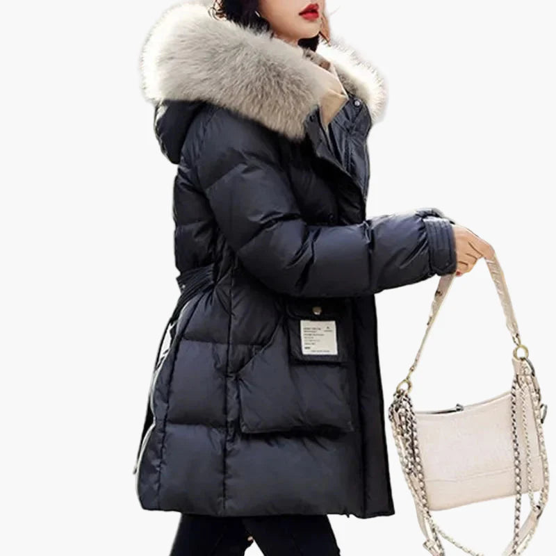 Cappotto piumino donna con cappuccio e collo in pelliccia stile urbano inverno caldo