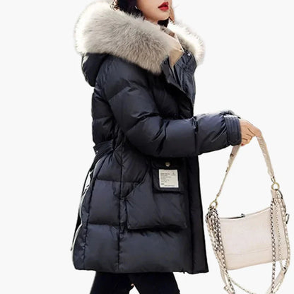Cappotto piumino donna con cappuccio e collo in pelliccia stile urbano inverno caldo