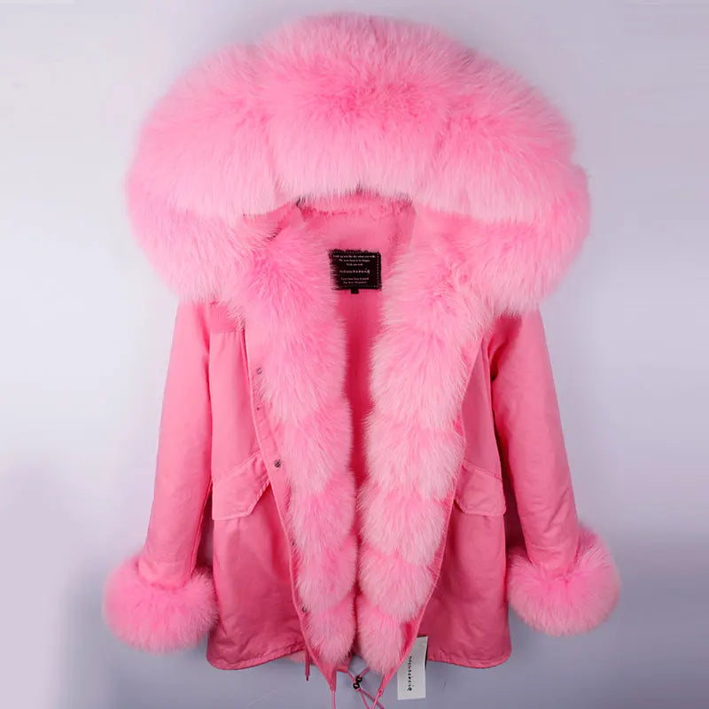 Parka invernale da donna con cappuccio, pelliccia rosa e fodera calda