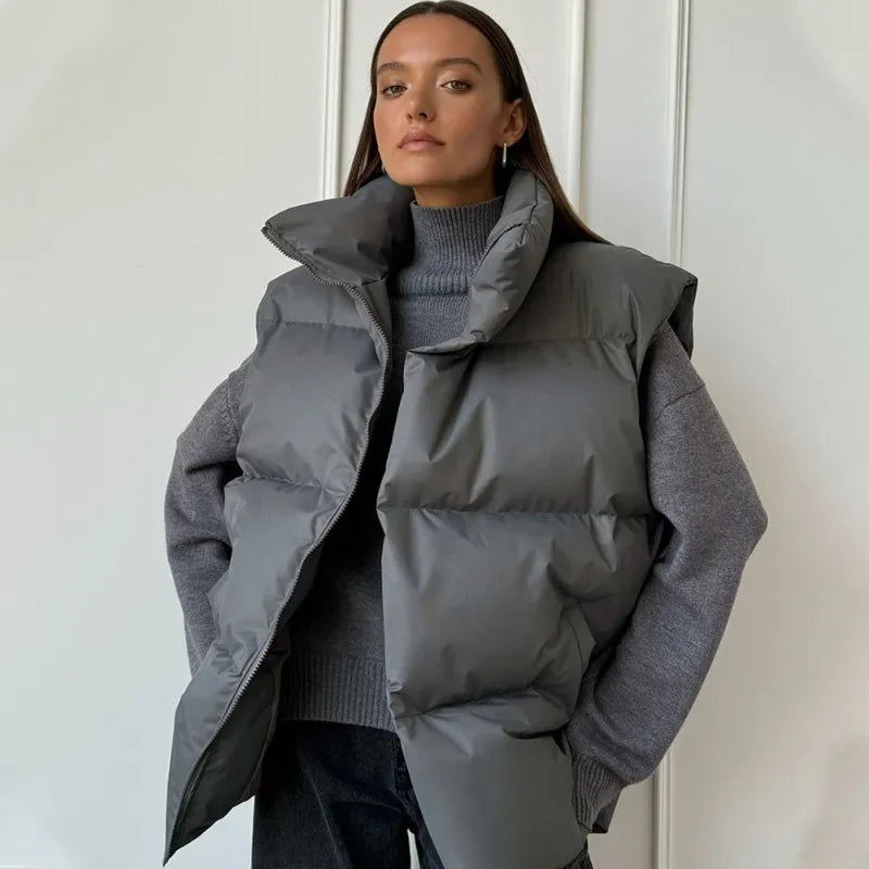 Gilet piumino da donna senza maniche, imbottito, con collo alto, grigio