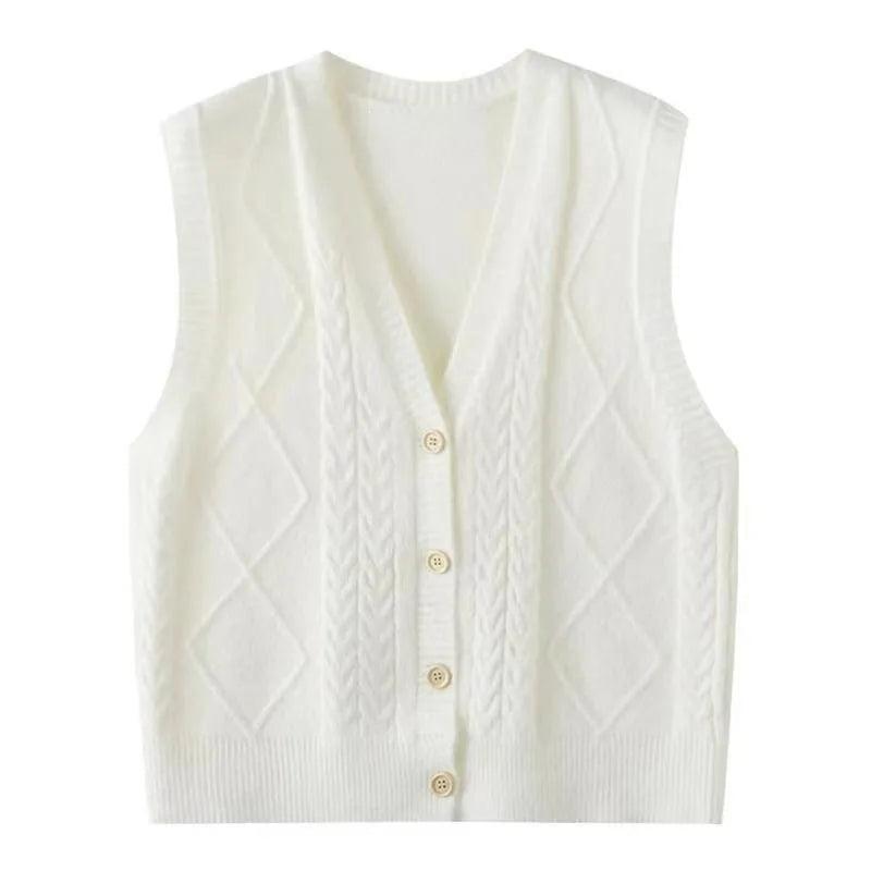 Gilet smanicato da donna in maglia lavorata a punto rasato con scollo a V e bottoni