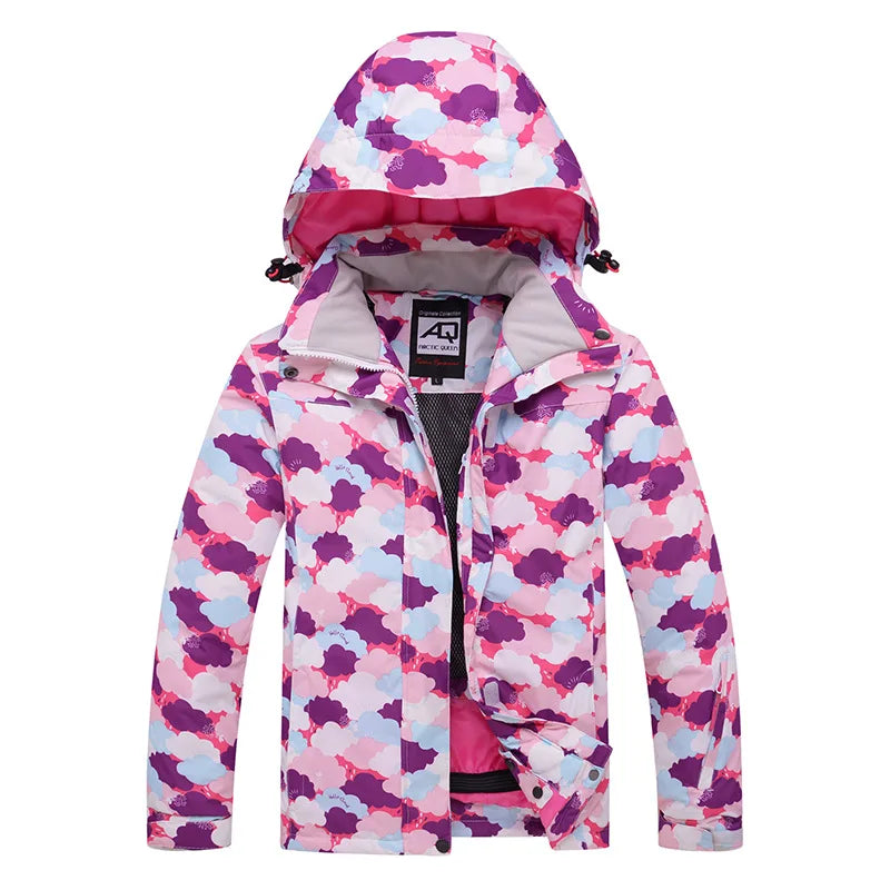 Veste de ski imperméable multicolore à capuche et motif abstrait pour sports d'hiver