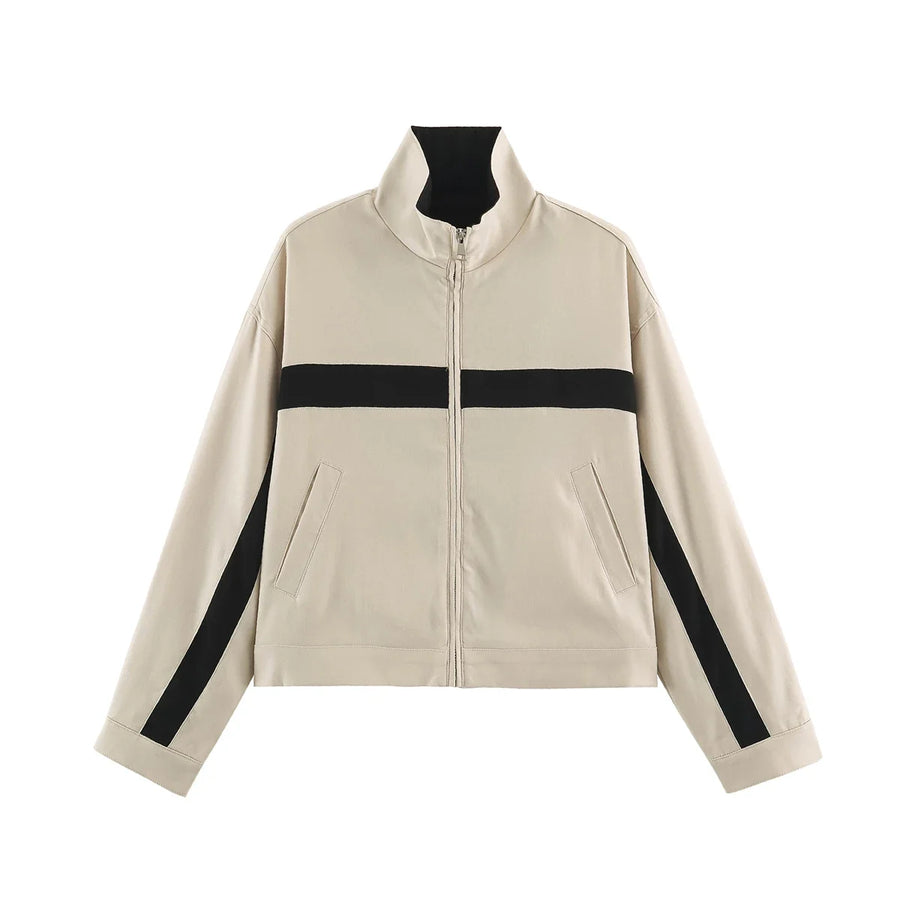 Damenblouson mit Stehkragen, Reißverschluss und kontrastierenden Streifen