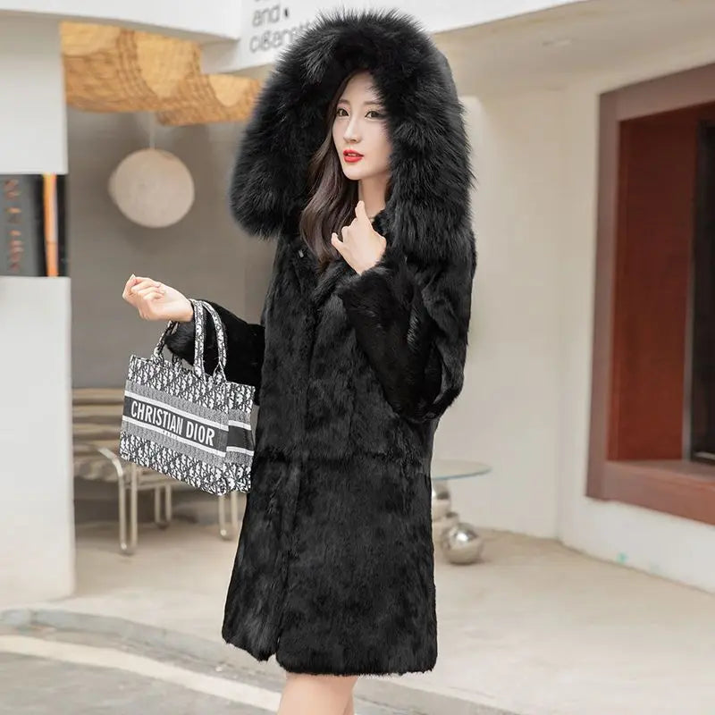 Manteau Femme Fausse Fourrure Noir à Capuche Amovible Long