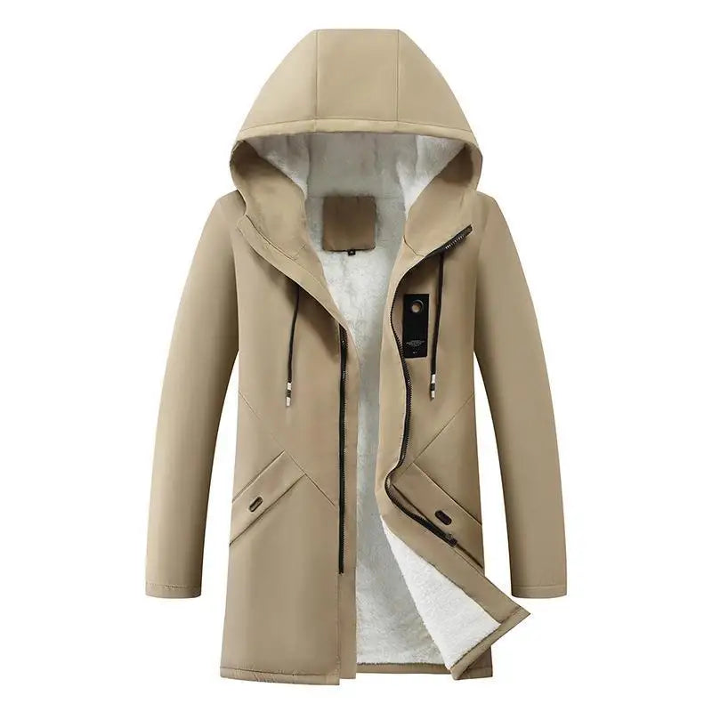 Lang, ensfarget herreparka med hette og fôr, vindtett med mykt og varmt fôr